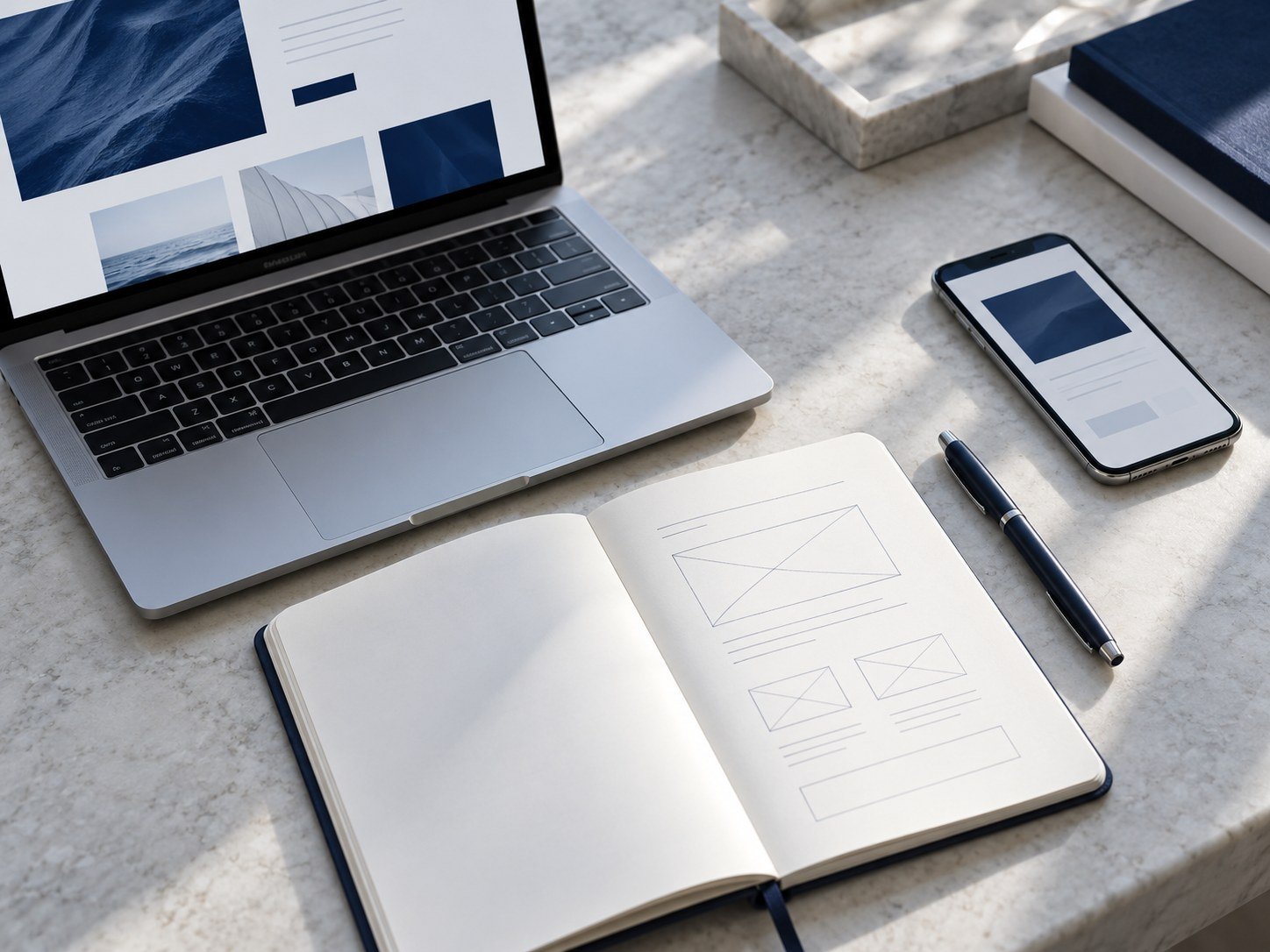 Ordinateur portable, smartphone et carnet de maquettes de site web sur un bureau
